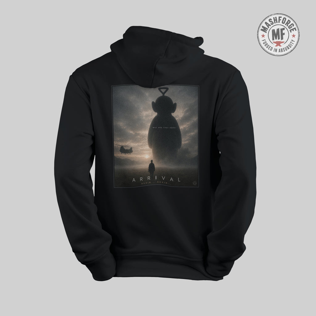 Black hoodie with 'Arrival' teletubby movie poster design on the back against a light gray background.