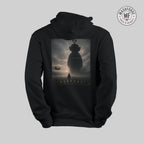 Black hoodie with 'Arrival' teletubby movie poster design on the back against a light gray background.