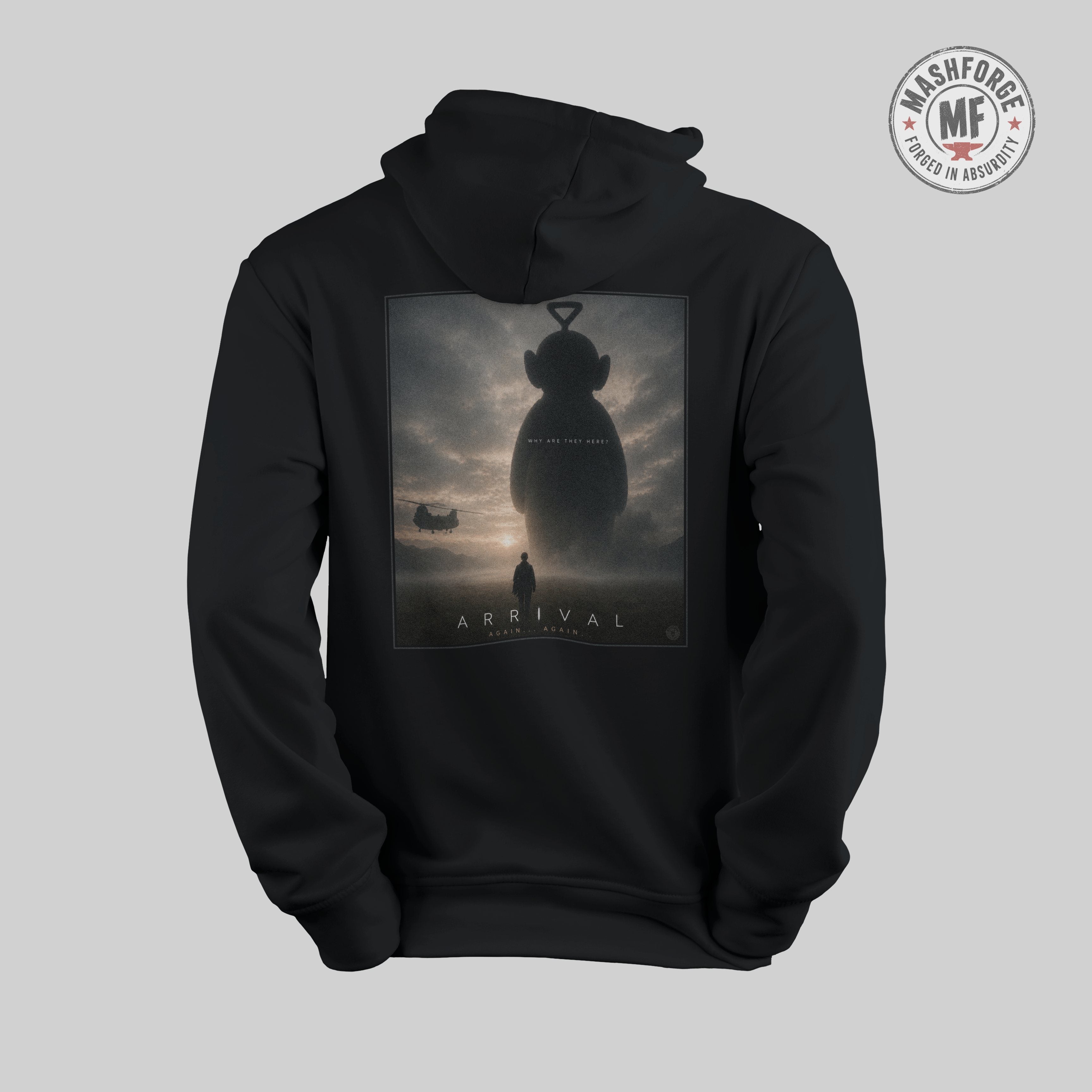 Black hoodie with 'Arrival' teletubby movie poster design on the back against a light gray background.