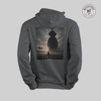 Gray hoodie with 'Arrival' teletubby movie poster design on the back against a light gray background.