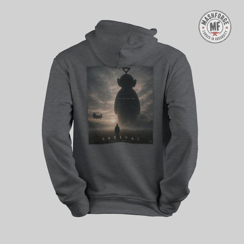 Gray hoodie with 'Arrival' teletubby movie poster design on the back against a light gray background.