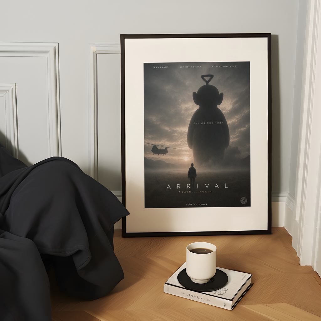 Framed 'Arrival' teletubby movie poster on a wooden surface with a cup and book.