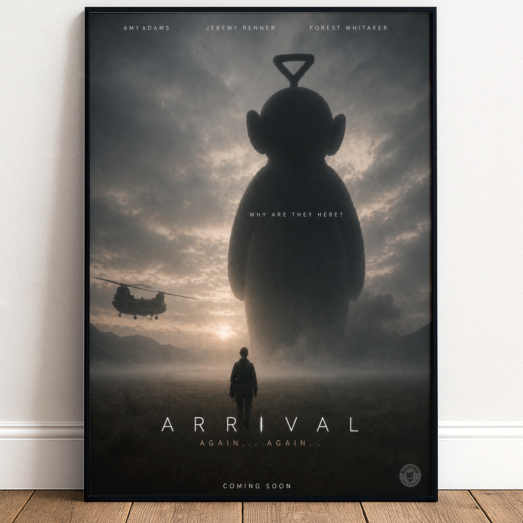 Movie poster for Arrival with a silhouette of a giant teletubby alien and a person, set against a cloudy sky.