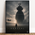 Movie poster for Arrival with a silhouette of a giant teletubby alien and a person, set against a cloudy sky.