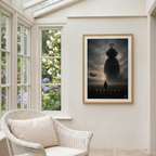Framed funny parody 'Arrival' teletubby movie poster on a wall with a window view of flowers.