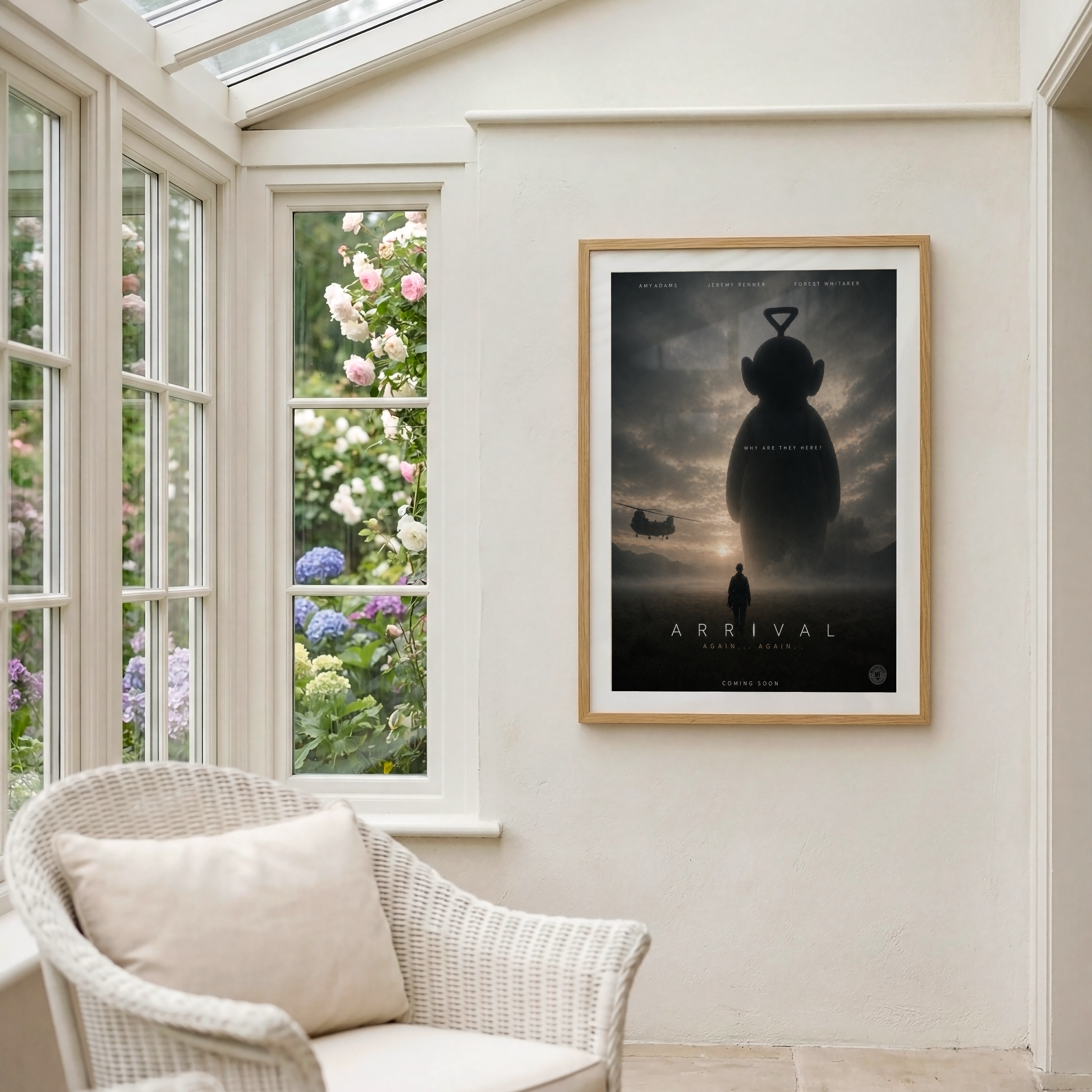 Framed funny parody 'Arrival' teletubby movie poster on a wall with a window view of flowers.