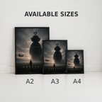 Three funny  'Arrival' teletubby movie posters of different sizes on a white surface with 'Available Sizes' text above.