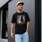 Man wearing a black t-shirt with a movie poster design, standing against a gray wall.