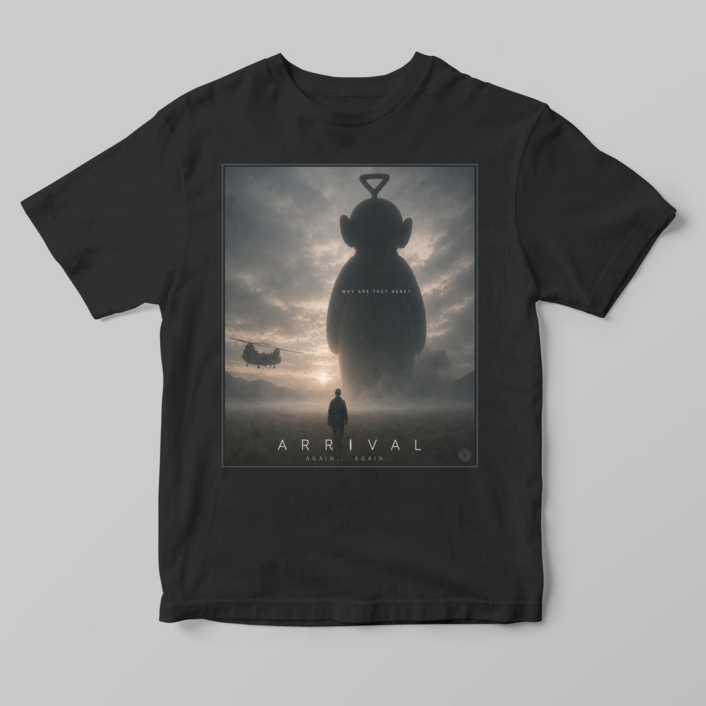 Black t-shirt with 'Arrival' movie poster design featuring a silhouette of a teletubby figure and a large alien head.