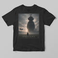 Black t-shirt with 'Arrival' movie poster design featuring a silhouette of a teletubby figure and a large alien head.
