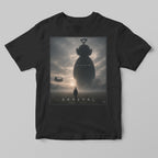 Black t-shirt with 'Arrival' movie poster design featuring a silhouette of a teletubby figure and a large alien head.