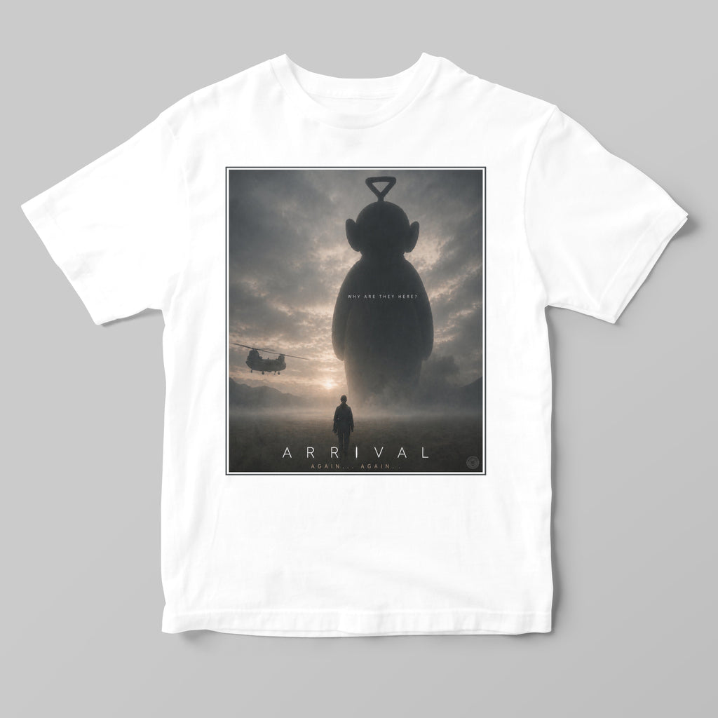 White t-shirt with funny 'Arrival' teletubby movie poster design on a gray background