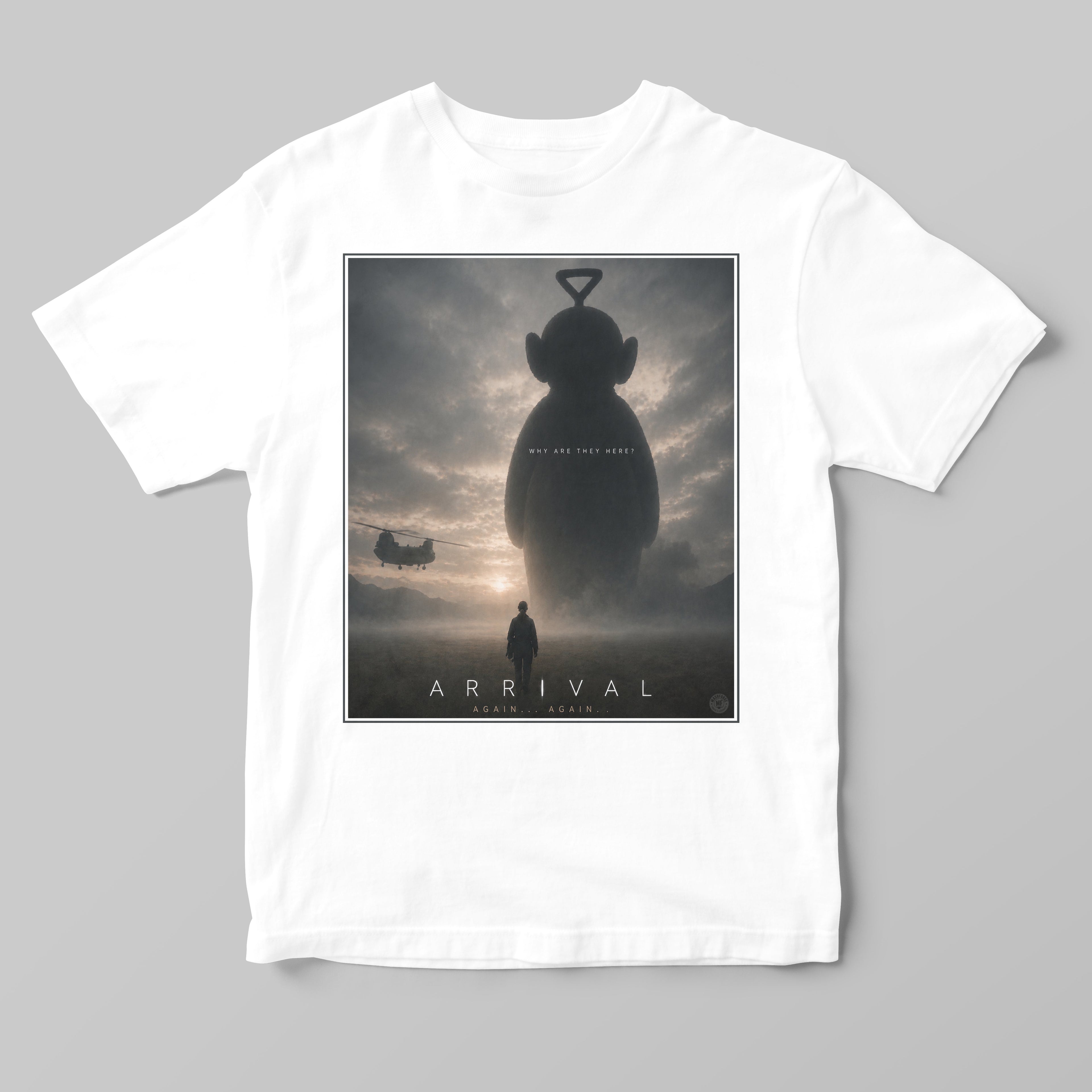 White t-shirt with funny 'Arrival' teletubby movie poster design on a gray background
