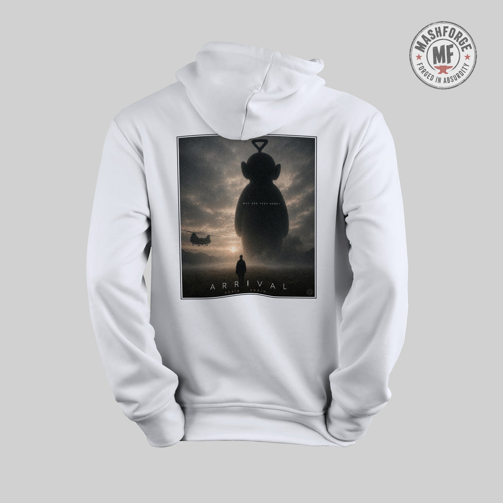 White hoodie with 'Arrival' teletubby movie poster design on a gray background