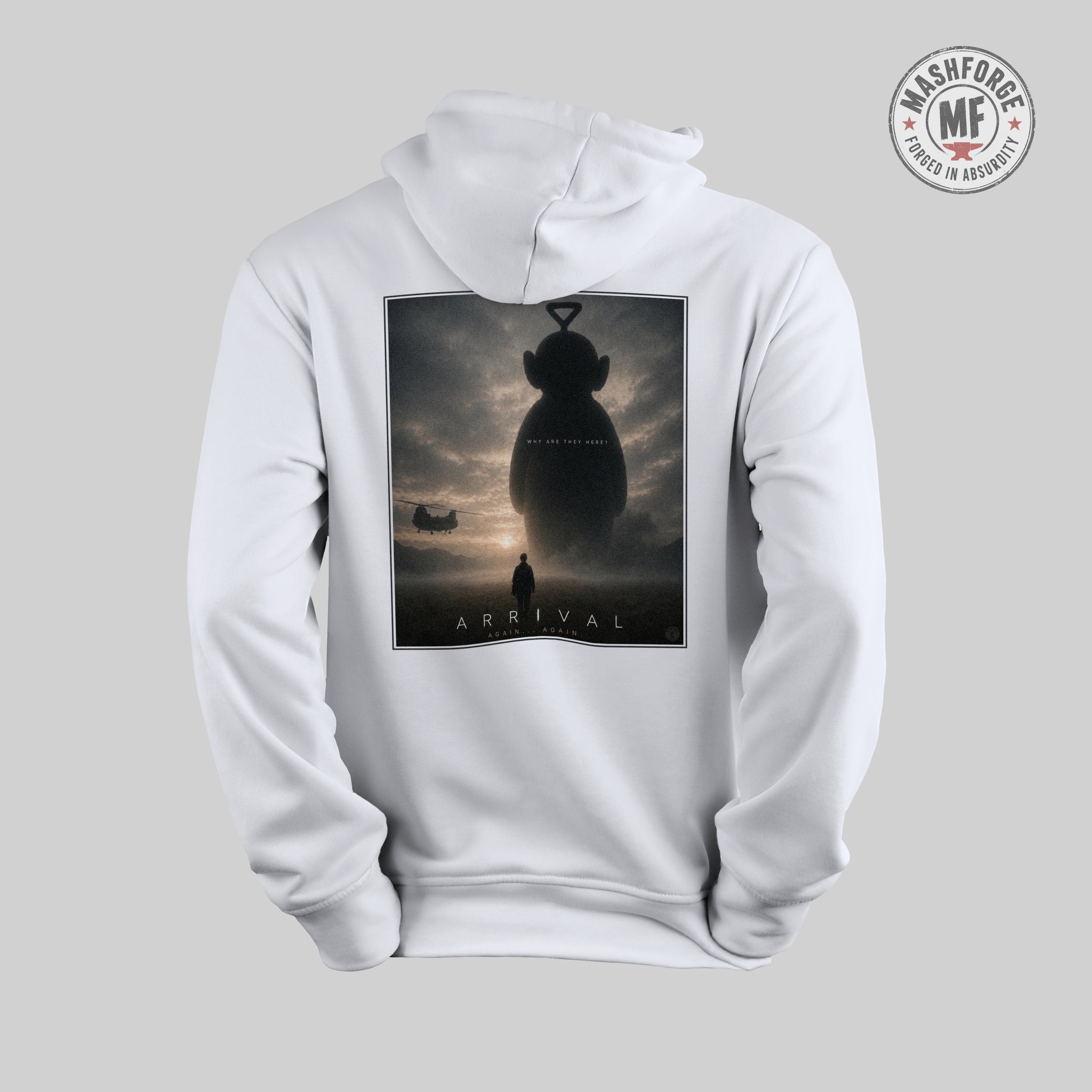 White hoodie with 'Arrival' teletubby movie poster design on a gray background