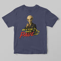 A navy blue short-sleeve t-shirt with a graphic print of a bald alien in a black suit pointing forward, above the text 'BETTER CALL PAUL' in yellow and red, and a yellow gavel illustration, shown on a neutral gray background.