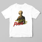 A white short-sleeve crewneck t-shirt featuring a graphic print of an alien in a black suit pointing forward, with the text 'BETTER CALL PAUL' in yellow and red, and a gold scale of justice.