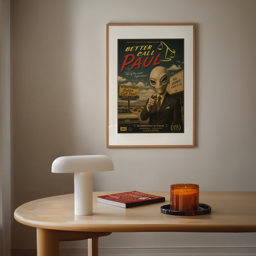 Framed 'Better Call Paul' poster above a table with a lamp and candle.