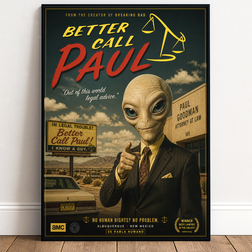 Poster of 'Better Call Paul' with an alien in a suit pointing at a sign.