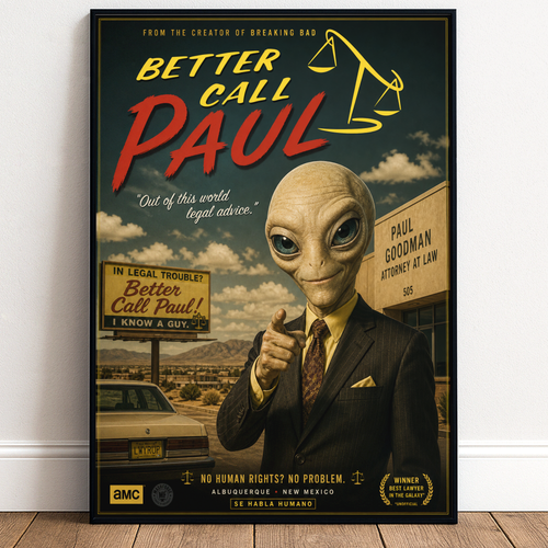 Poster of 'Better Call Paul' with an alien in a suit pointing at a sign.