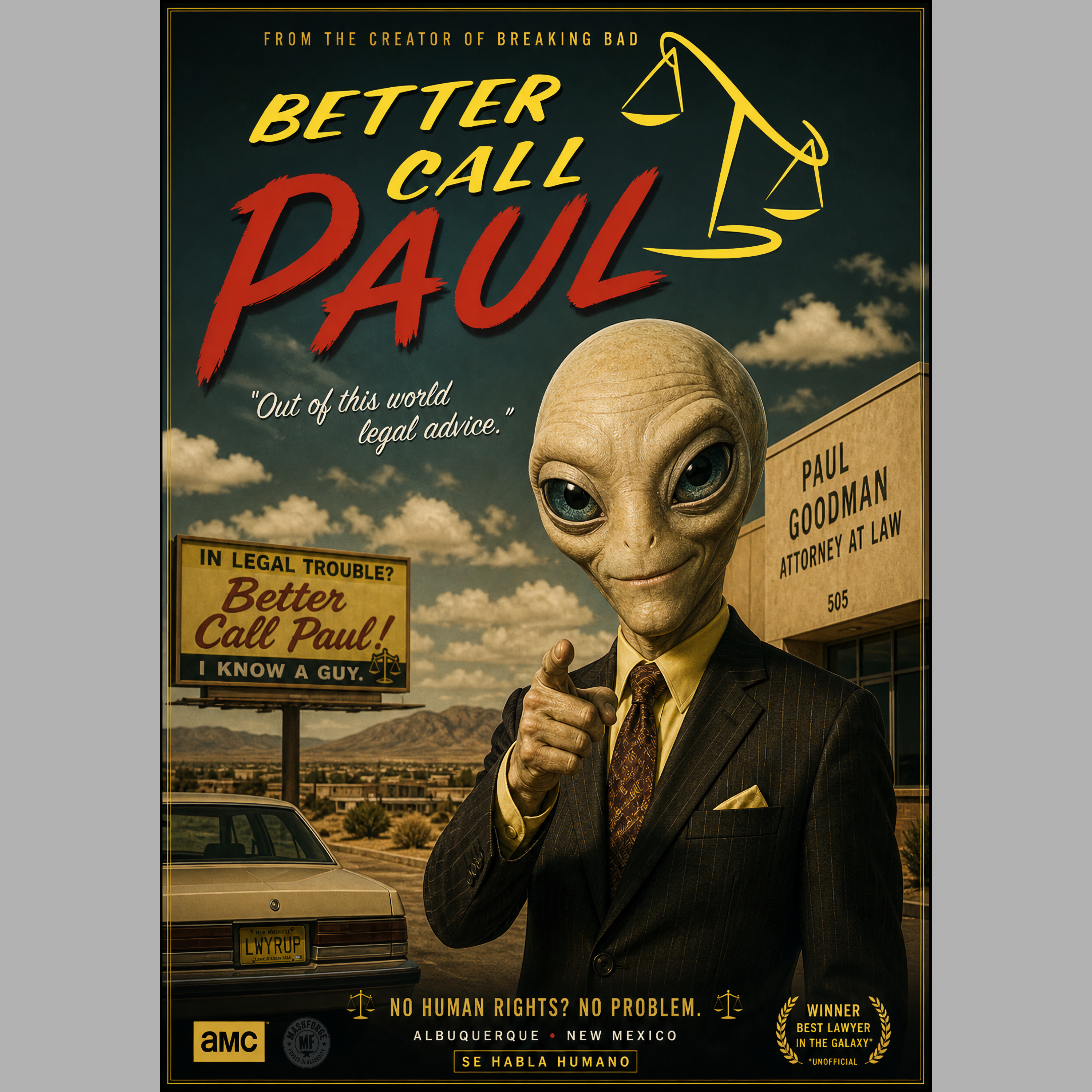Promotional poster for 'Better Call Paul' with an alien in a suit pointing at a billboard.