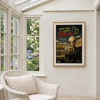 Framed 'Better Call Saul' poster on a wall with a window showing flowers in the background