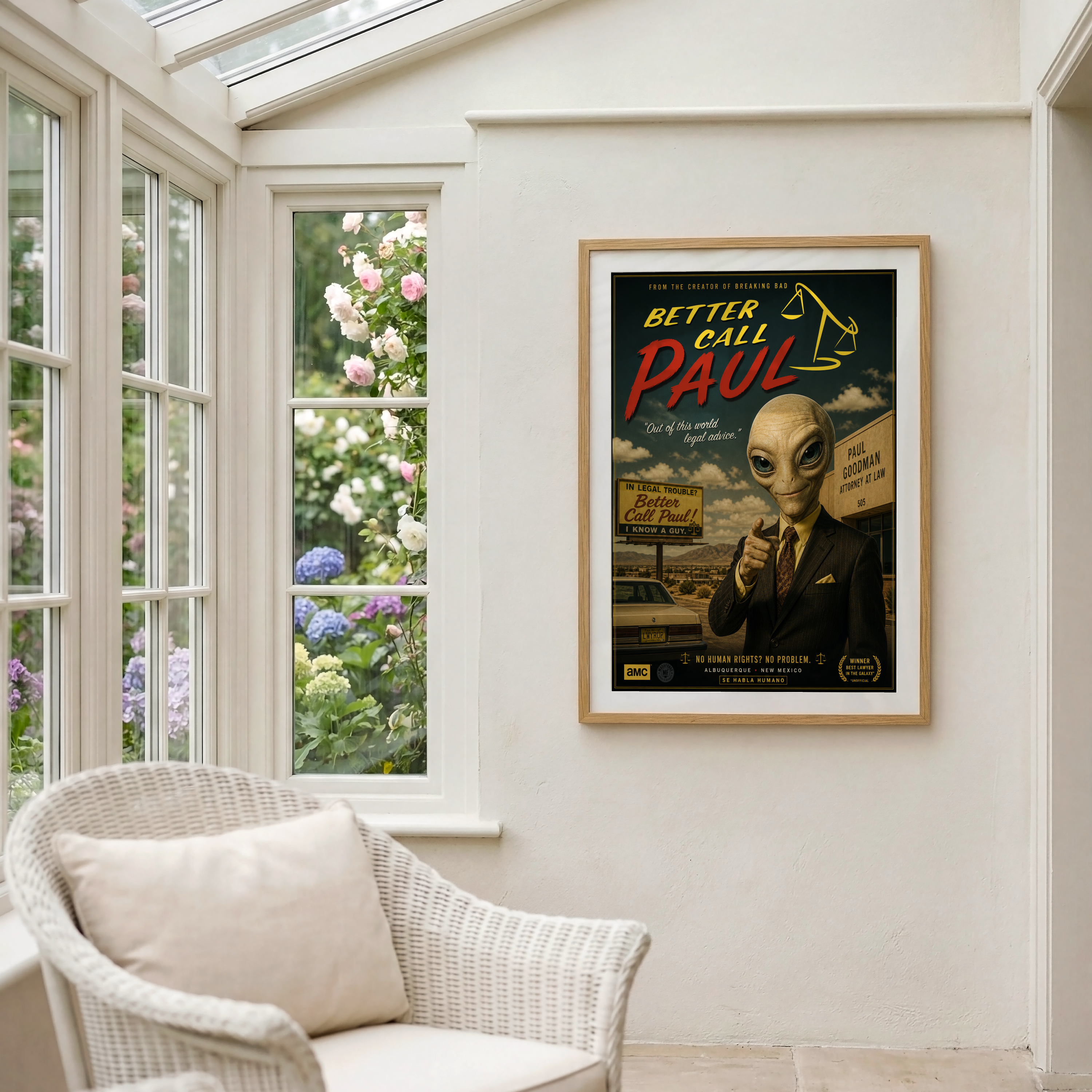 Framed 'Better Call Saul' poster on a wall with a window showing flowers in the background