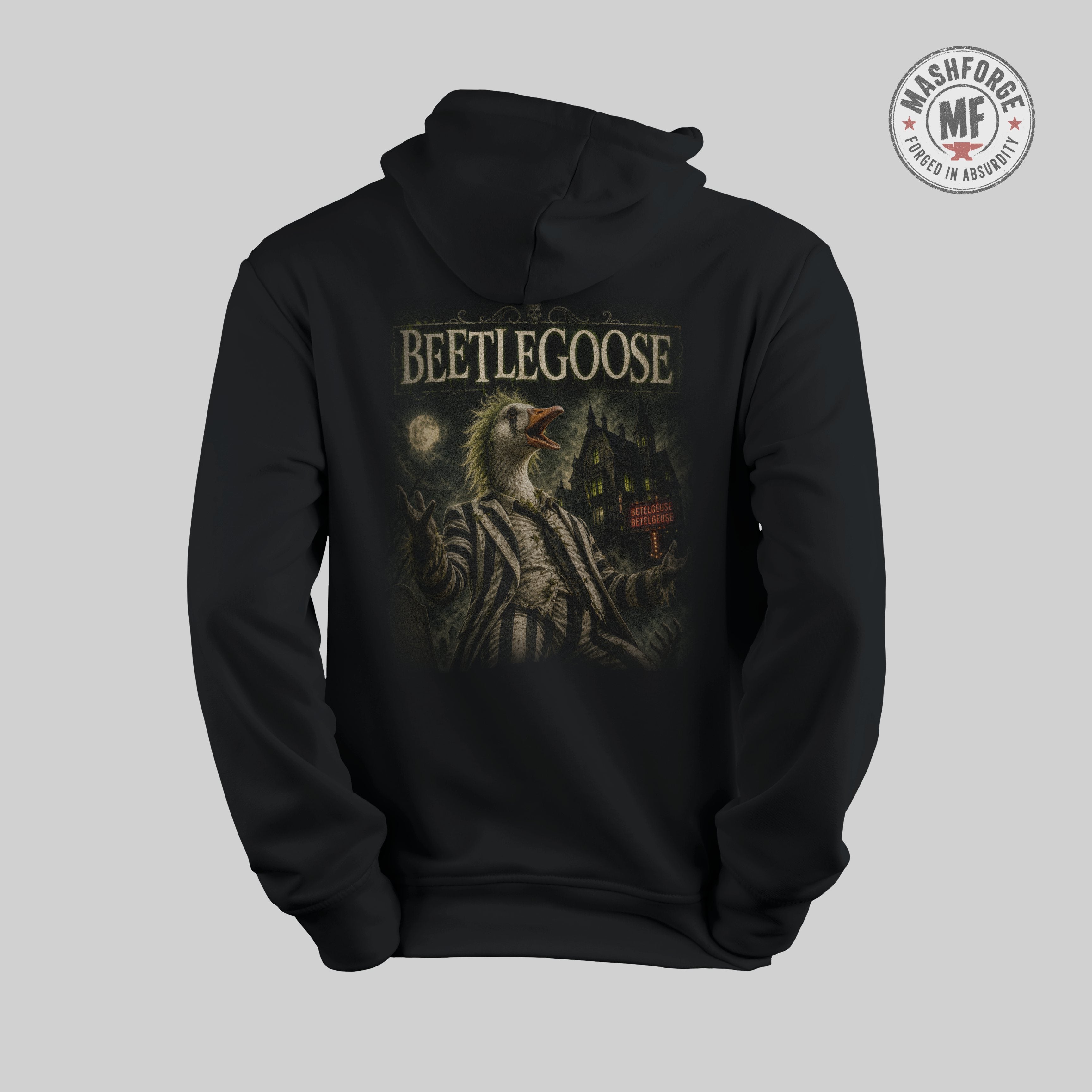Black hoodie with 'Beetlegoose' graphic design on a gray background