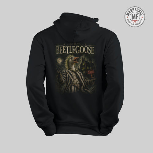 Black hoodie with 'Beetlegoose' graphic design on a gray background