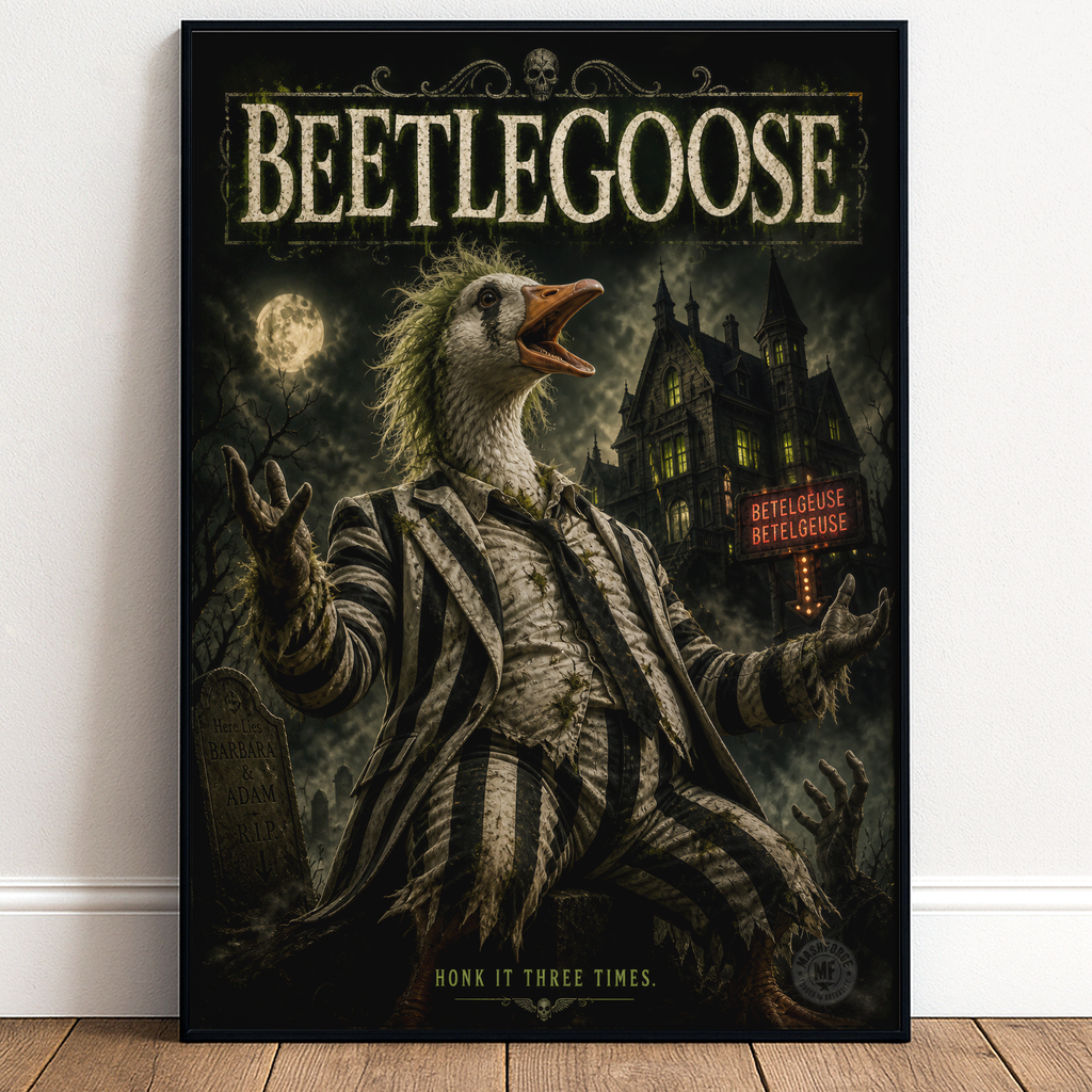 Poster of a goose-like beetlejuice creature with a dark, gothic background and text.
