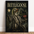 Poster of a goose-like beetlejuice creature with a dark, gothic background and text.