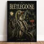 Poster of a goose-like beetlejuice creature with a dark, gothic background and text.