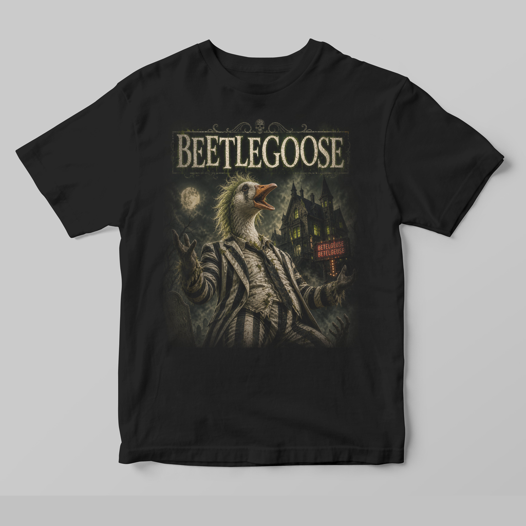 Black t-shirt with 'Beetlegoose' graphic design on a gray background