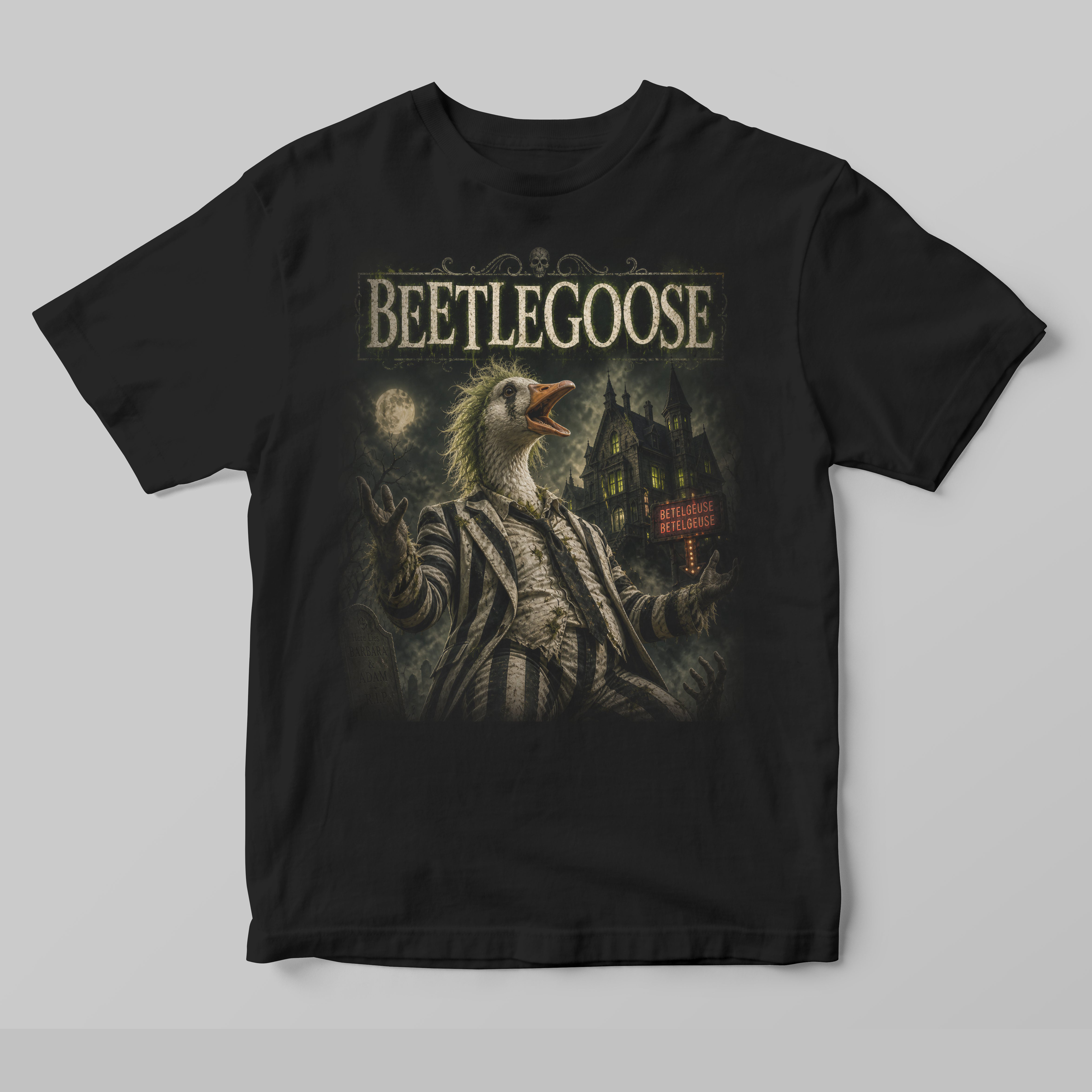 Black t-shirt with 'Beetlegoose' graphic design on a gray background