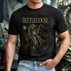 Person wearing a black t-shirt with 'Beetlegoose' graphic design.