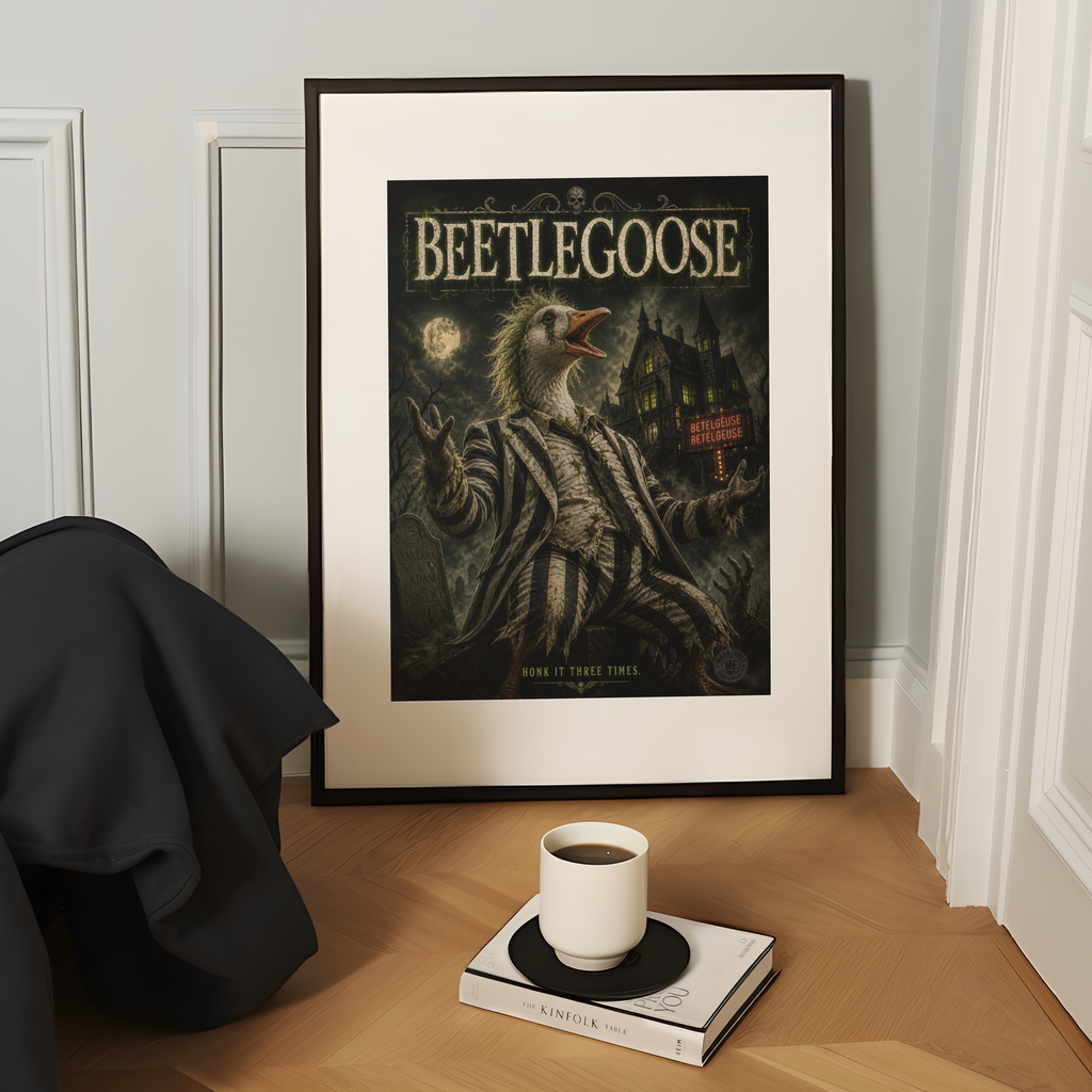 Framed 'Beetlegoose' poster on a wooden surface with a cup of coffee and book.