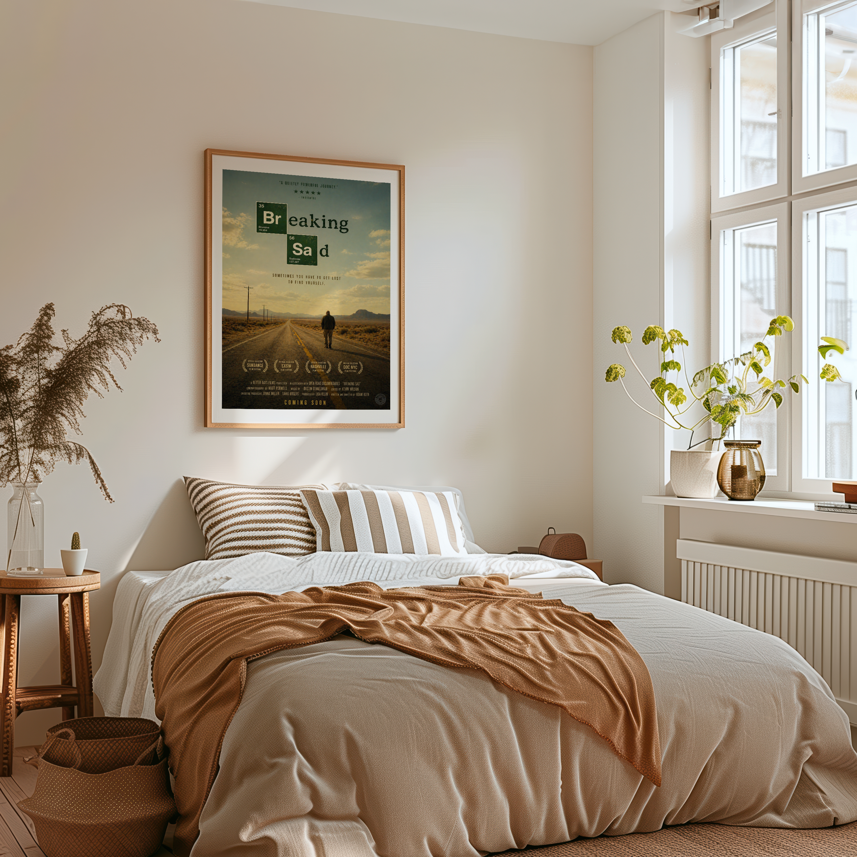 Bedroom with a Breaking Sad bad poster on the wall, natural light, and decorative plants.