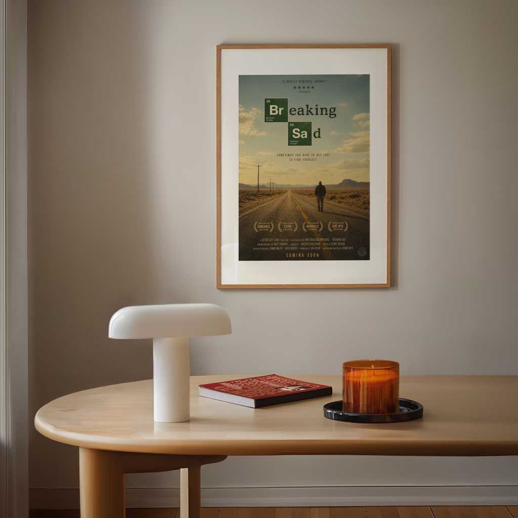 Framed 'Breaking Bad' poster on a wall above a wooden table with a lamp, book, and candle.
