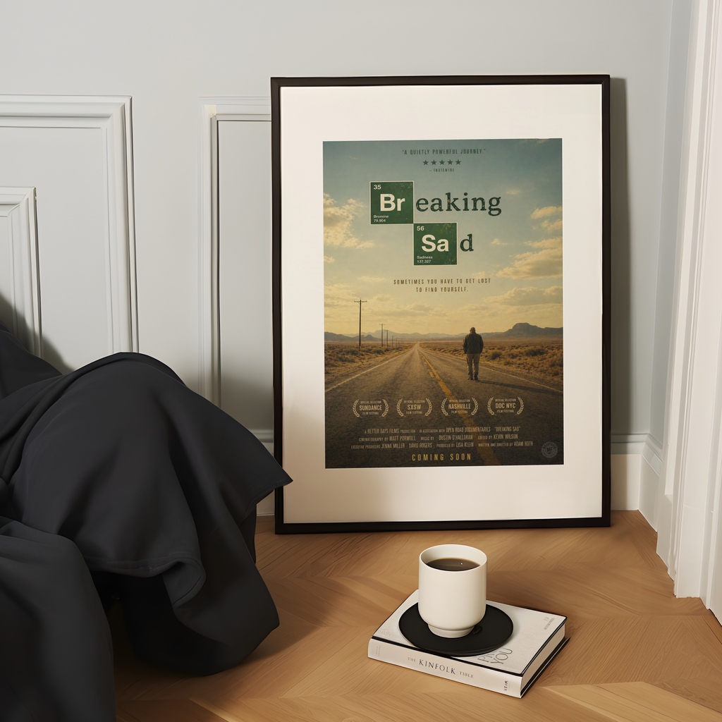 Framed parody Breaking Bad sad poster on a wall with a cup and book on a table below.