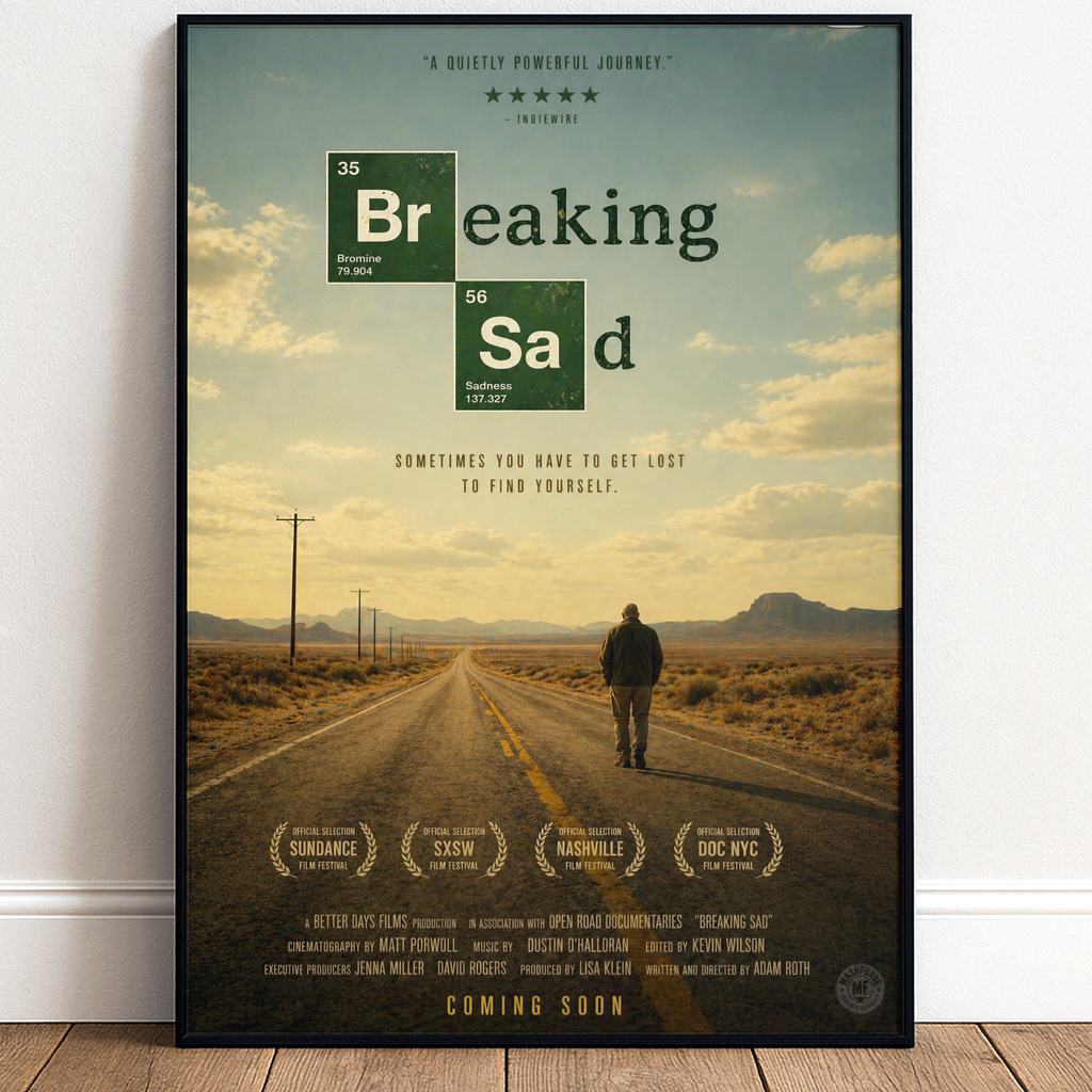 Movie poster for 'Breaking Bad' with a desert road and lone figure, framed on a wall.