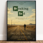 Movie poster for 'Breaking Bad' with a desert road and lone figure, framed on a wall.