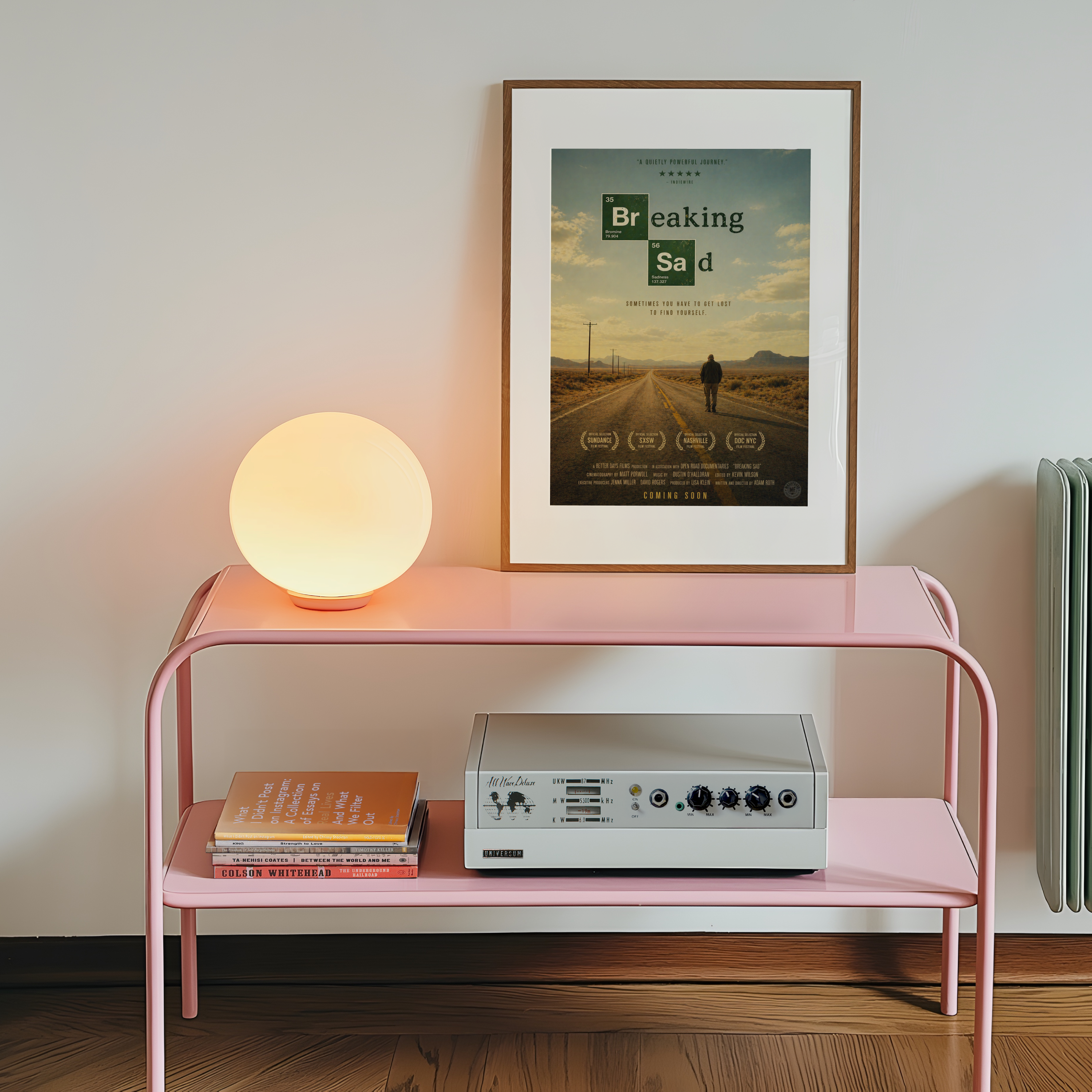 Pink shelf with a lamp, books, and a Breaking Bad sad poster on a white wall.
