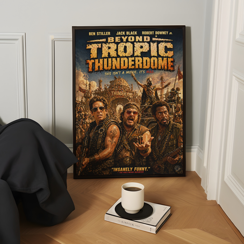 Movie poster for 'Beyond Tropic Thunder' on a wall above a book and cup of coffee.