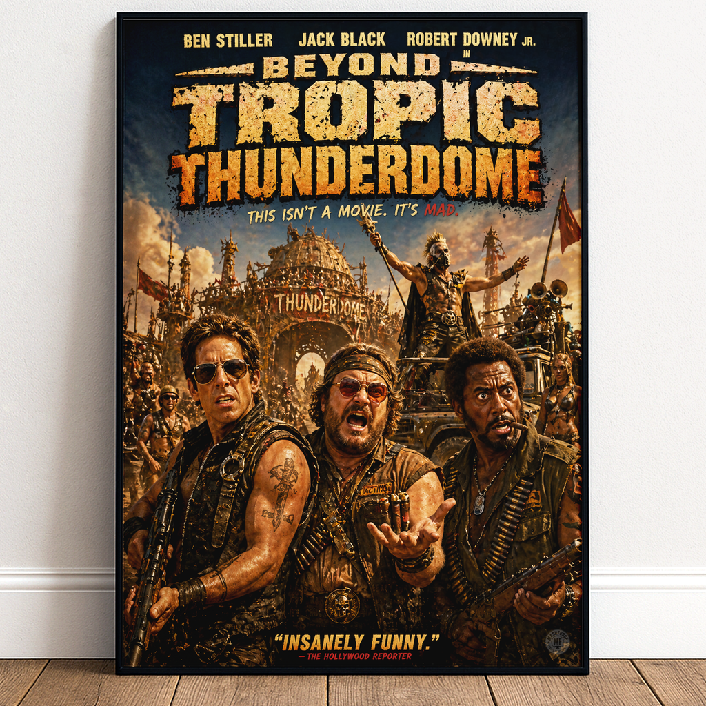Movie poster for 'Beyond Tropic Thunderdome' with three main characters in front of a war-themed background.