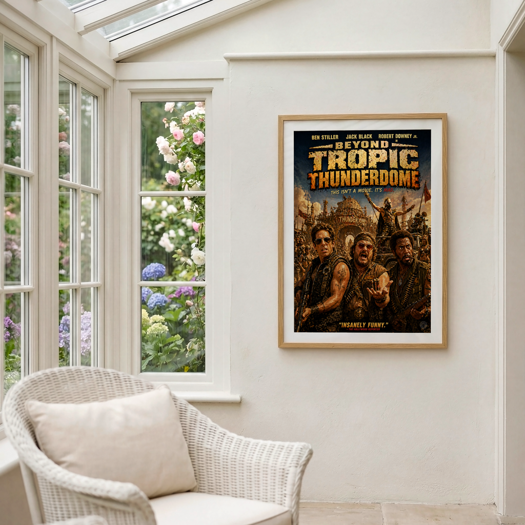 Framed movie poster of 'Beyond Tropic Thunderdome' on a wall with a chair and window in the background.