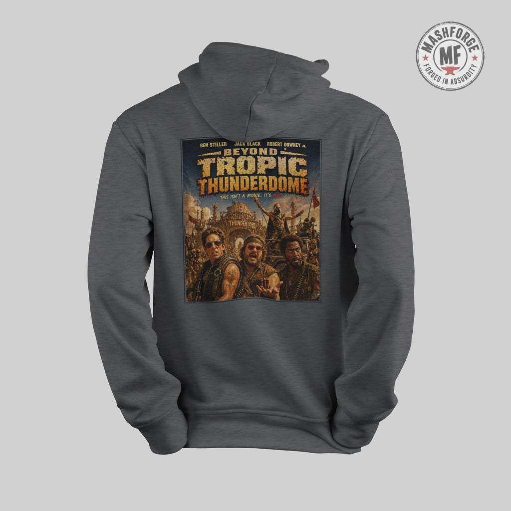Grey hoodie with Beyond Tropic Thunder graphic on a light gray background