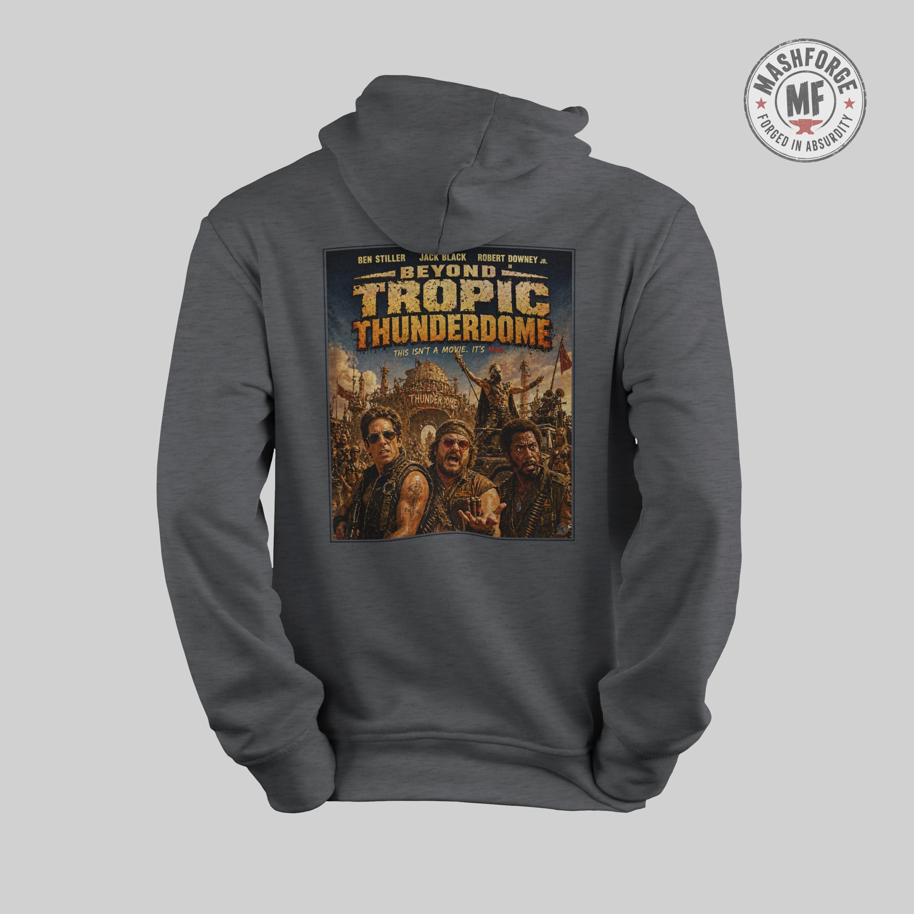 Grey hoodie with Beyond Tropic Thunder graphic on a light gray background