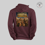 Maroon hoodie with 'Beyond Tropic Thunderdome' graphic on a gray background
