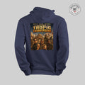 Navy blue hoodie with 'Beyond Tropic Thunderdome' graphic on a gray background