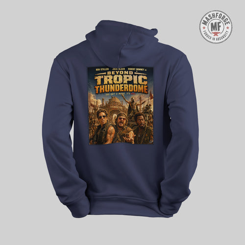 Navy blue hoodie with 'Beyond Tropic Thunderdome' graphic on a gray background
